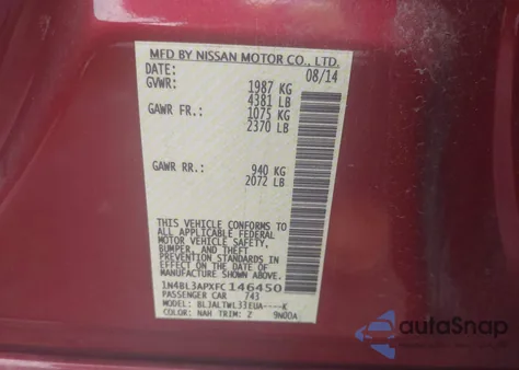 2015 Nissan Altima 3.5 Sl из США, поврежденный, VIN 1N4BL3APXFC146450